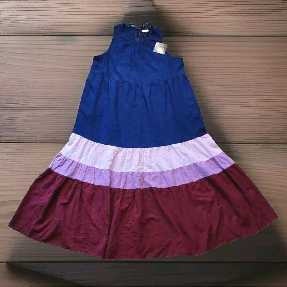 New Ava And Viv Sleeveless Multicolor Tiered A Line Maxi Dress Sz 1X Pockets